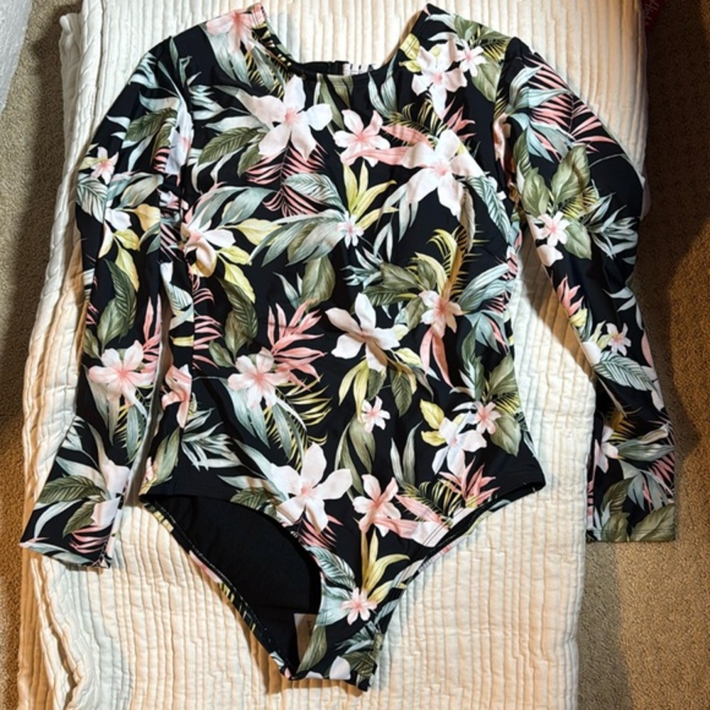 Kona Sol Black Floral Long-Sleeve One-Piece Swimsuit